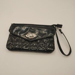 Lulu by Lulu Guinness Black Patent Quilted Wristlet Clutch Polka Dot Lining